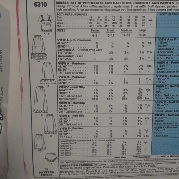 McCalls 6310 Sewing Pattern Petticoats Half Slips Camisole Panties Misses Large - Picture 3 of 3